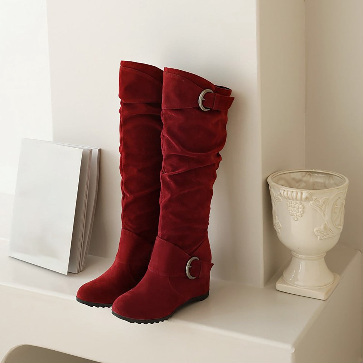 hopeusnice Women's Over The Knee Boots Suede Buckle Wedge Heel Winter Warm Boots Fashion Slouchy Boots Knee High Boots Brown 35