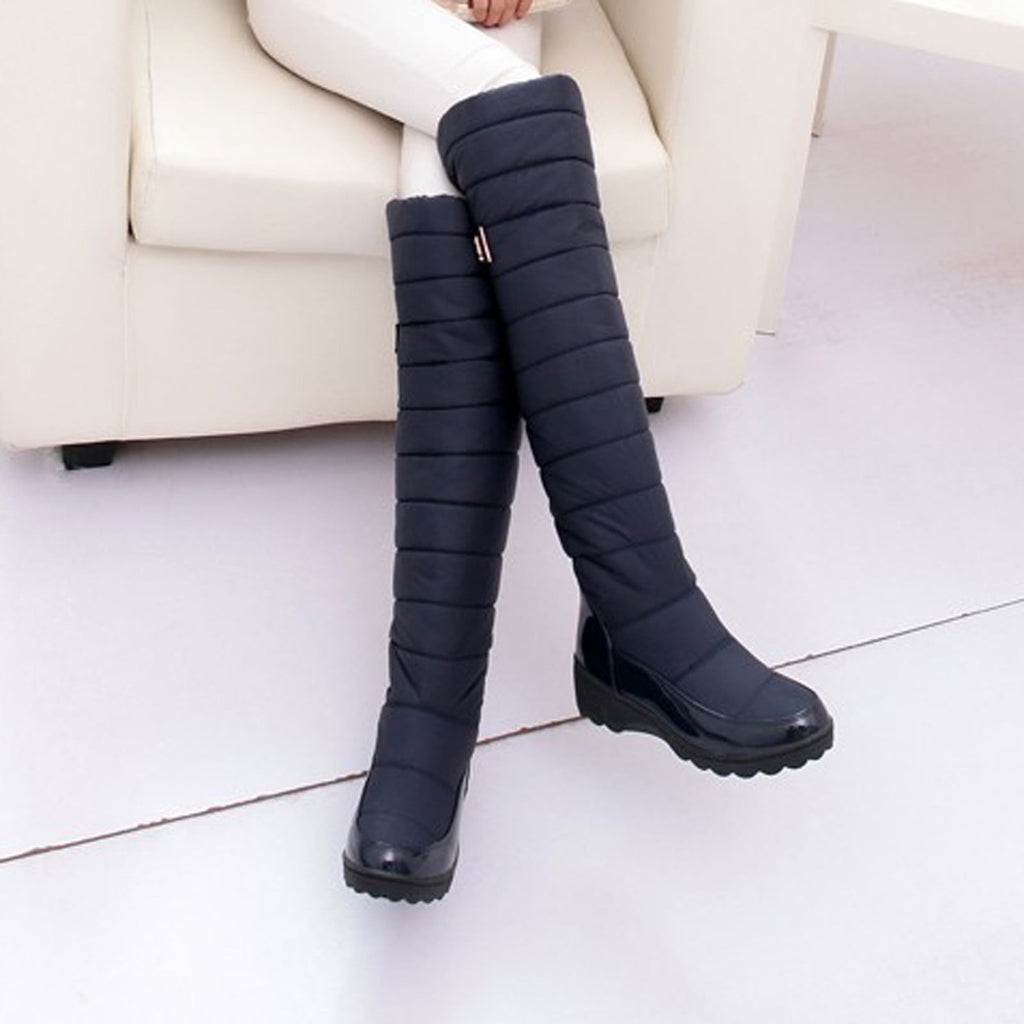 hopeusnice Women's Knee High Boots Winter Warm Snow Boots Padded Quilted Waterproof Boots Buckle Decor Comfortable Shoes Blue 40