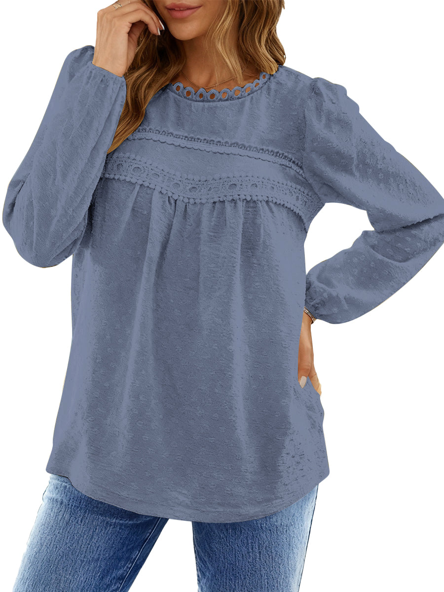 UVN Fall Shirts for Women Long Sleeve Blouses Ladies Crewneck Lace Crochet Tops Dressy Chiffon Blouses