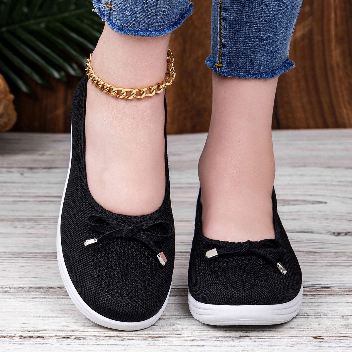 KIJBLAE Women's Plus Size Knit Mesh Low Cut Comfort Flats, Breathable Lightweight Slip On Daily Shoes Black 36