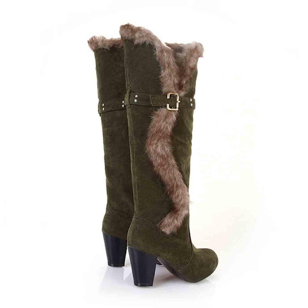 hopeusnice Women's Knee High Boots Fuzzy Fleece Lined Buckle Winter Warm Suede Boots Chunky Heel Comfortable Stylish Outdoor Snow Boots Black 36