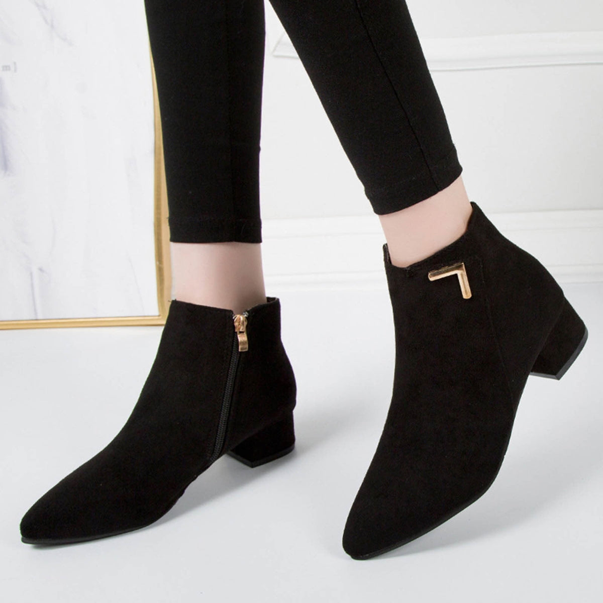 hopeusnice Women's Suede Ankle Boots Low Heel Pointed Toe Zipper Booties Comfortable Block Heel Dress Shoes Fall Winter Footwear Beige 42