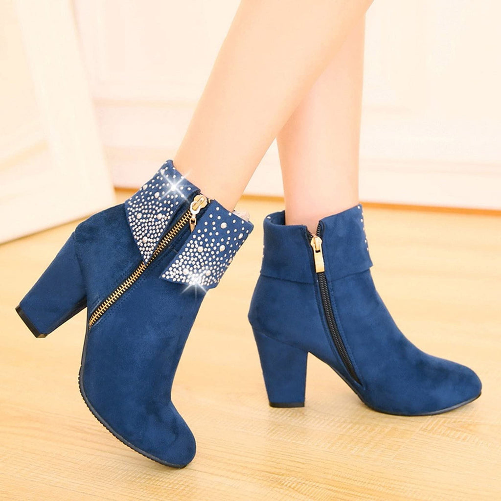 hopeusnice Women's Rhinestone Ankle Boots Zipper Suede Block Heel Booties Comfortable Dressy Winter Warm Shoes Black 36