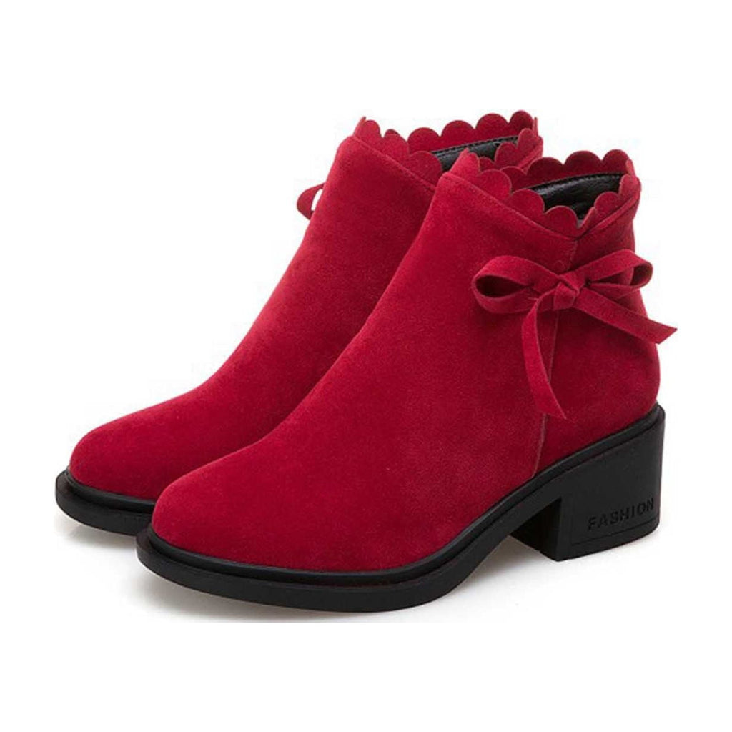 hopeusnice Women's Ankle Boots Suede Bowknot Block Heel Booties Round Toe Zipper Back Short Boots Winter Warm Comfortable Shoes Red 35