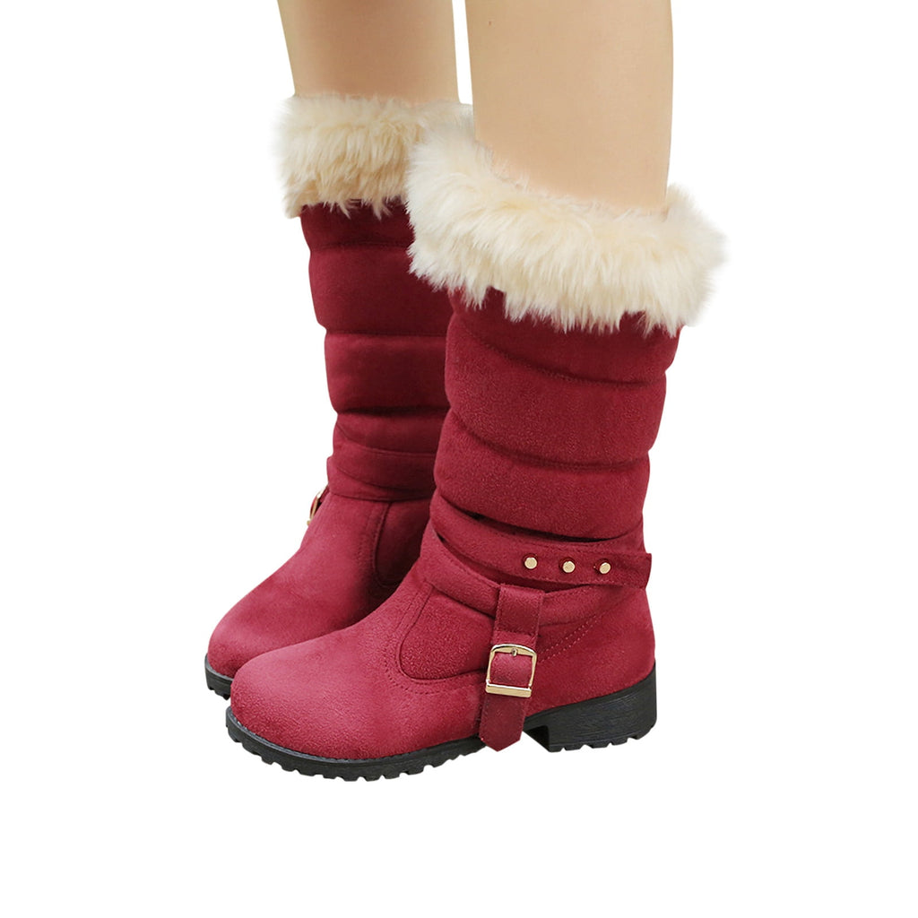 Mid Calf Boots For Women Thermal Plush Fleece Lined Suede Round Toe Chunky Mid Heels Winter Snow Boots Winter Warm Dress Long Tall Boots Blue 37