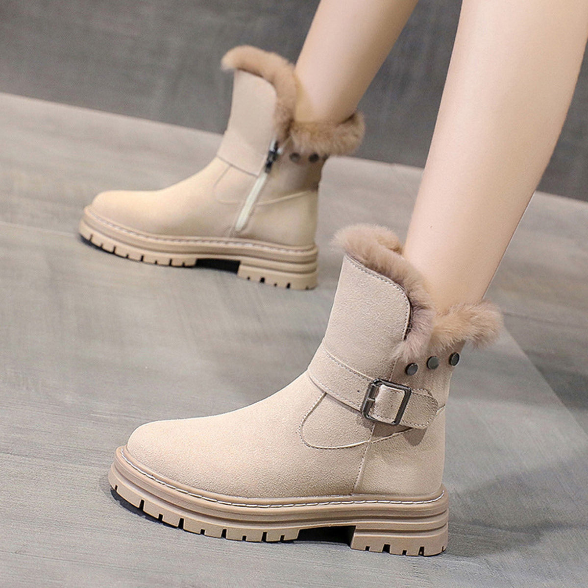 hopeusnice Women's Winter Boots Suede Buckle Ankle Booties Fuzzy Fleece Lined Warm Shoes Snow Boots Black 35