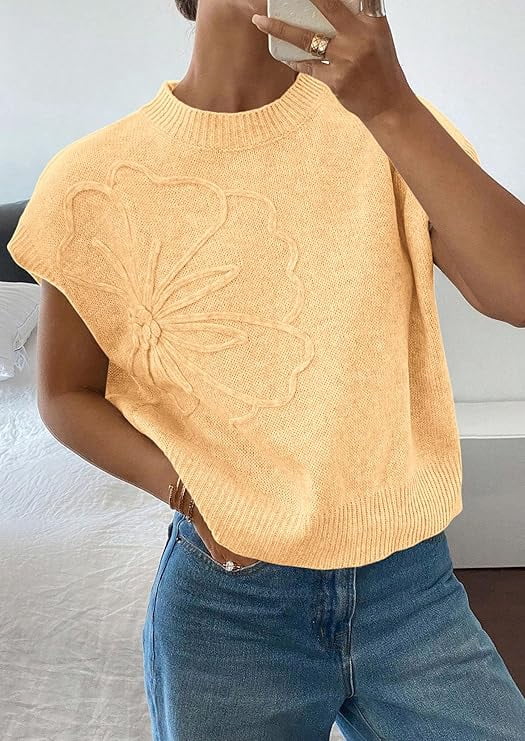 PRETTYGARDEN Women's Spring Sweater Vest Trendy Flower Knit Short Sleeve Cute Pullover Tank Tops Summer Fashion Clothing