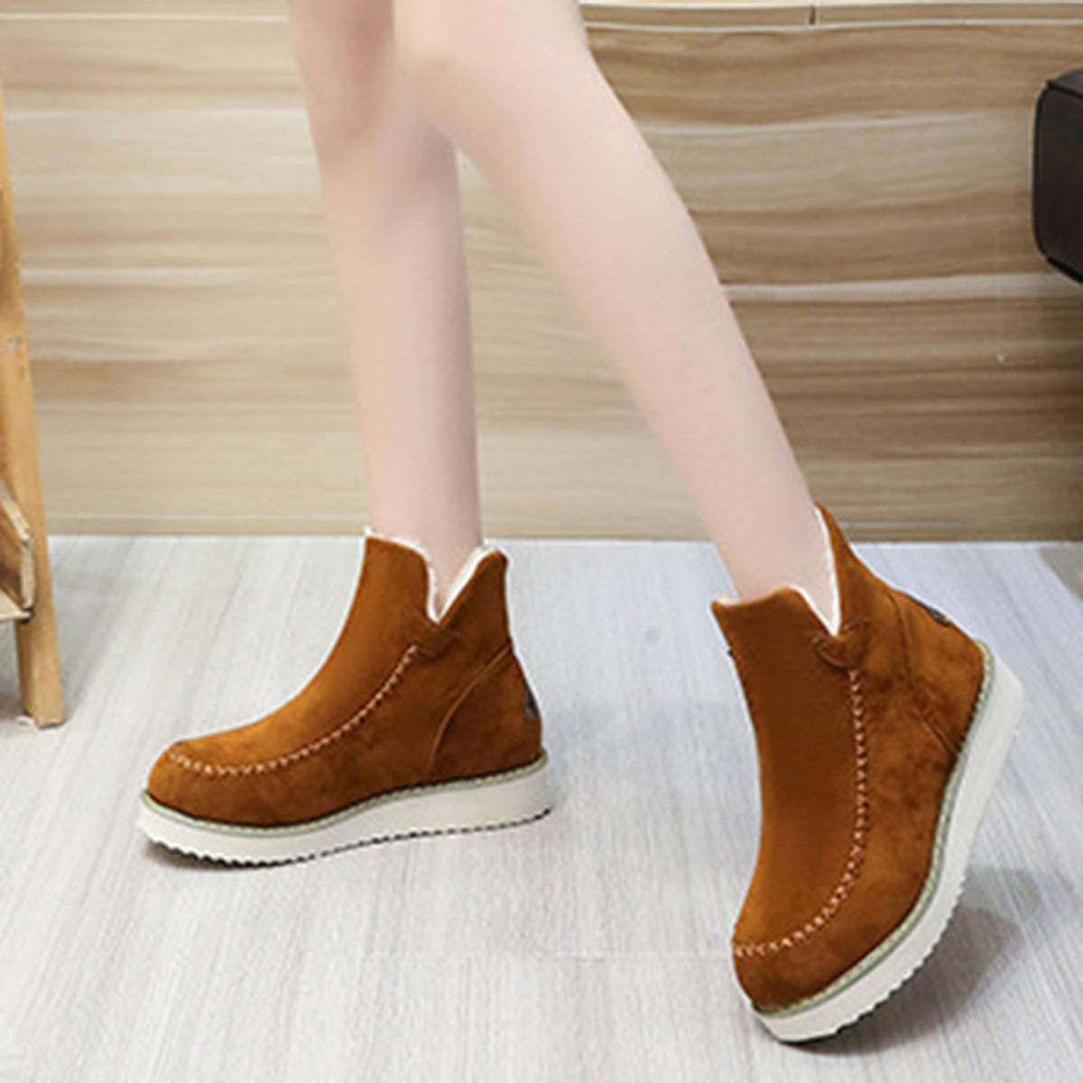 hopeusnice Women's Winter Boots Fuzzy Fleece Lined Ankle Booties Warm Plush Snow Boots Suede Chunky Heel Comfortable Warm Mid Calf Boots Brown 42