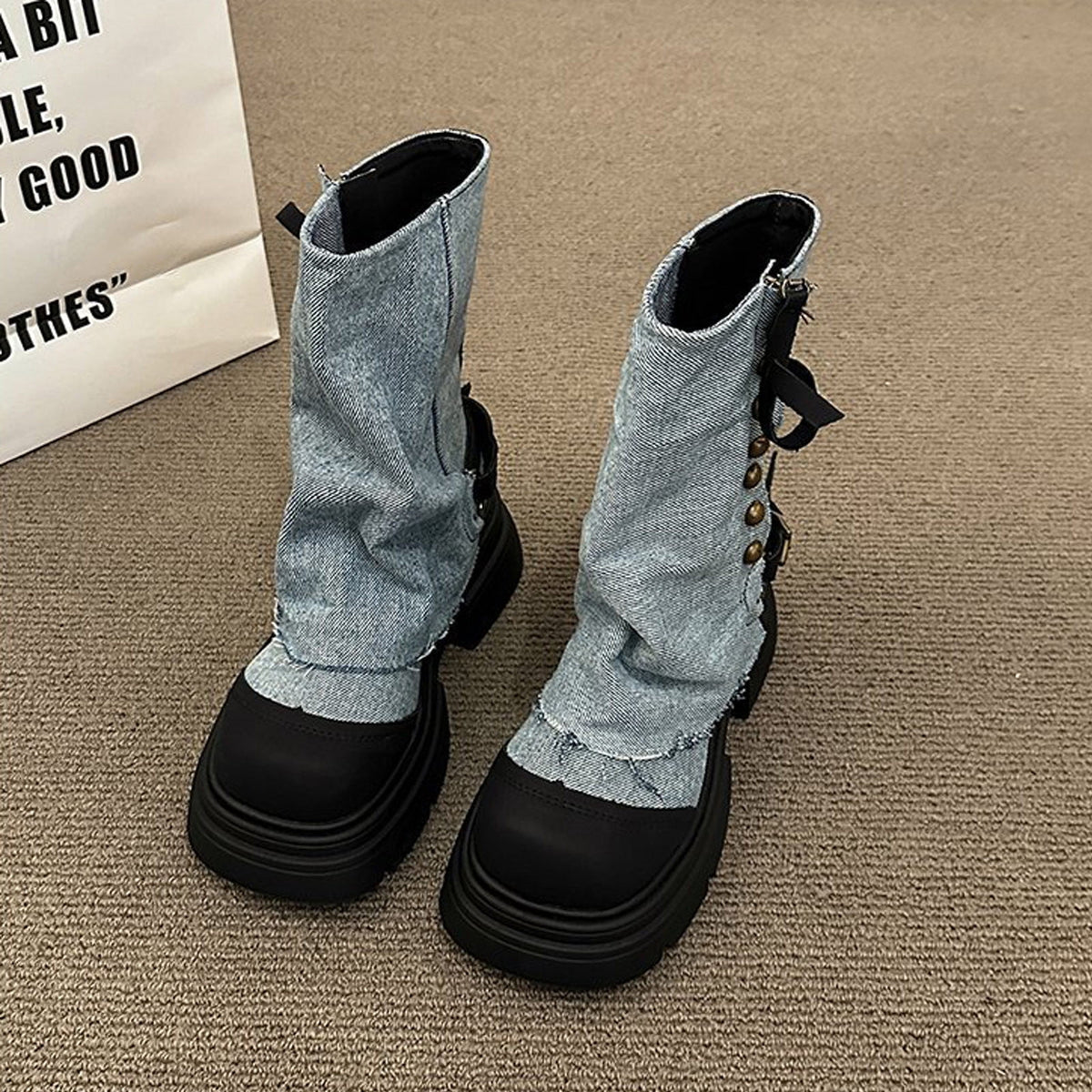 Hvyesh Fold Over Denim Boots for Women Sole Chunky Thick Soled Heel Booties Goth Punk Combat Zipper Mid Calf Booties Round Toe Dress Shoes,Boots for Women