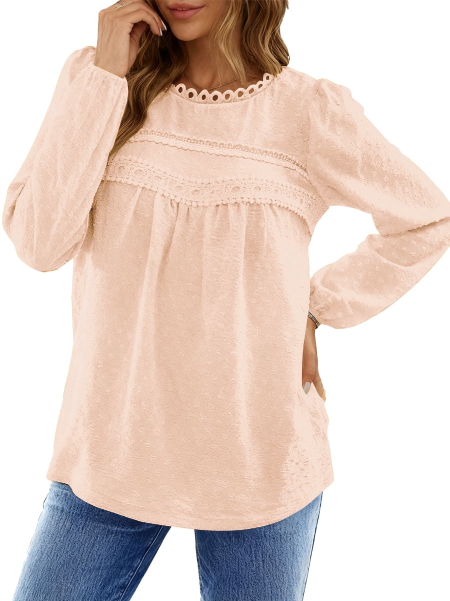 UVN Fall Shirts for Women Long Sleeve Blouses Ladies Crewneck Lace Crochet Tops Dressy Chiffon Blouses