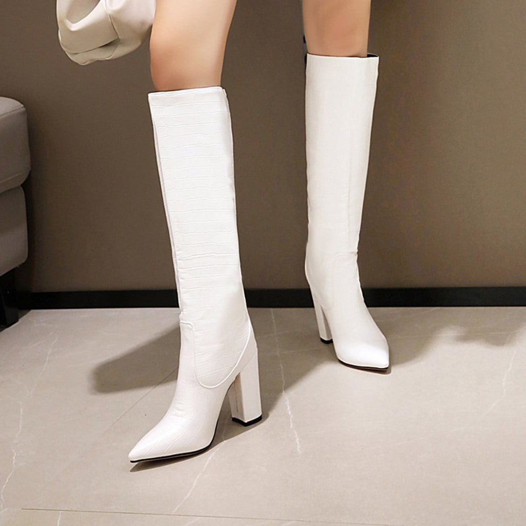 Women's Knee High Boots Pointed Toe Chunky Heel Leather Boots Fall Winter Warm Comfortable Fashion Boots Yellow 44