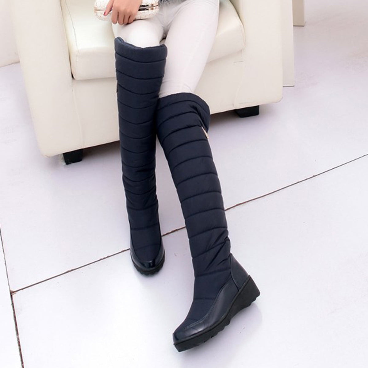 hopeusnice Women's Knee High Boots Winter Warm Snow Boots Padded Quilted Waterproof Boots Buckle Decor Comfortable Shoes Blue 40