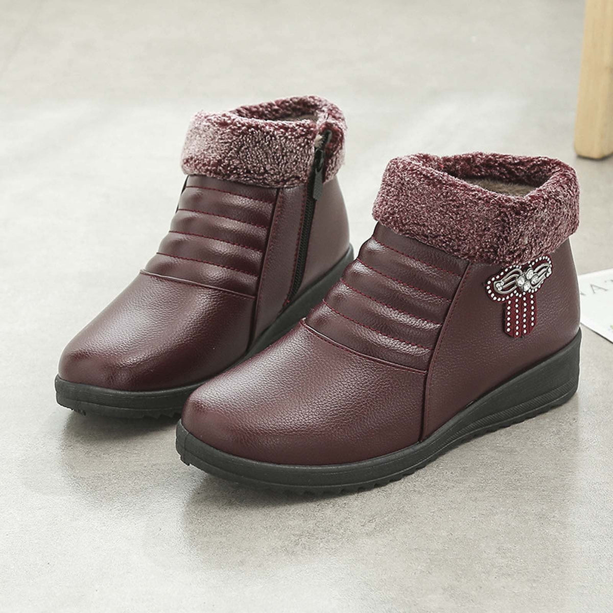hopeusnice Women's Winter Boots Fuzzy Fleece Lined Warm Ankle Booties Slip On Plush Comfortable Non Slip Wedge Heel Shoes Wine 37