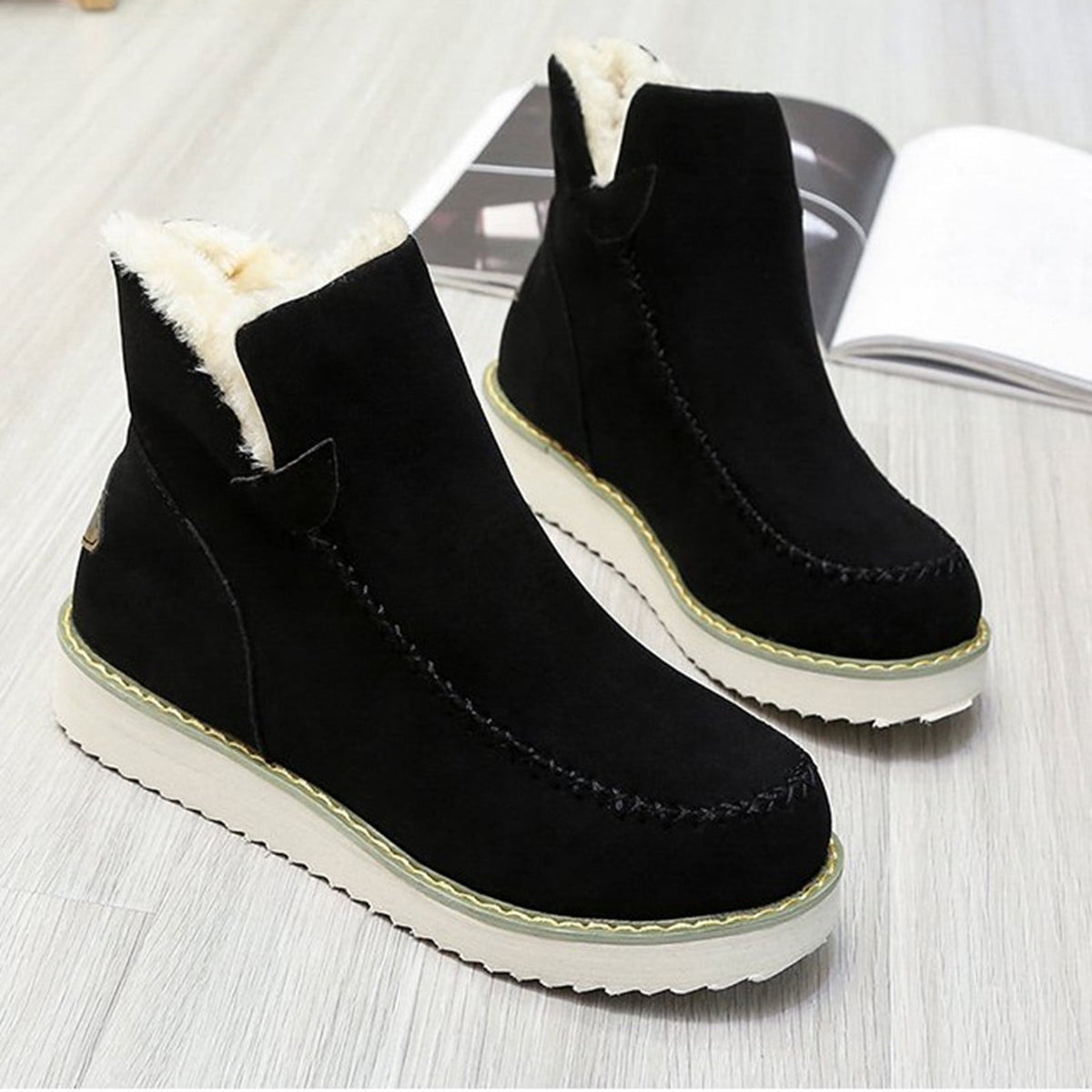 hopeusnice Women's Winter Boots Fuzzy Fleece Lined Ankle Booties Warm Plush Snow Boots Suede Chunky Heel Comfortable Warm Mid Calf Boots Brown 42