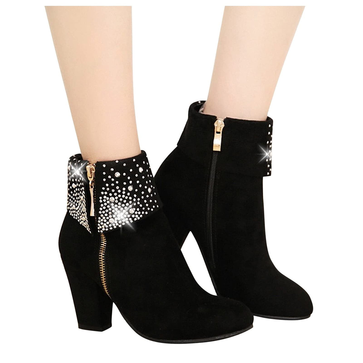 hopeusnice Women's Rhinestone Ankle Boots Zipper Suede Block Heel Booties Comfortable Dressy Winter Warm Shoes Black 36