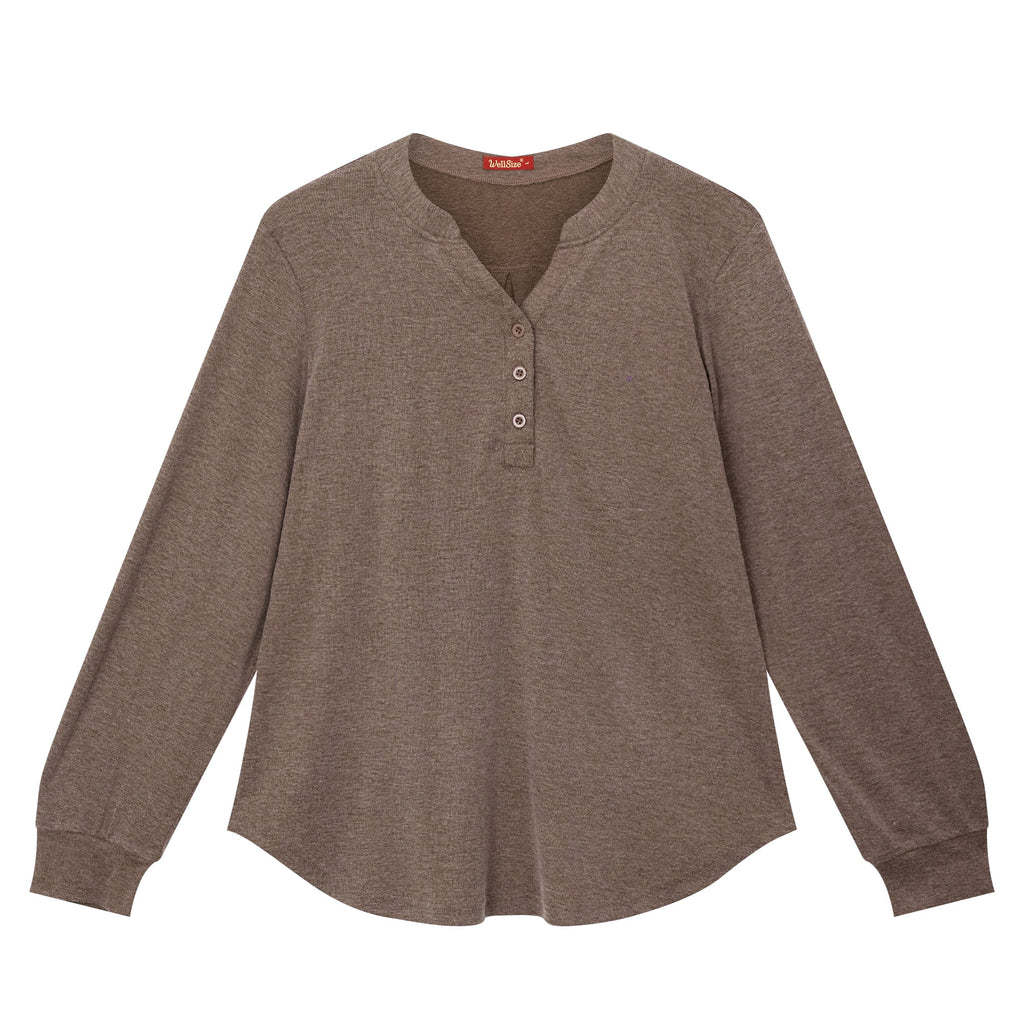 WellSize Plus Size Blouses for Women Henley V Neck Tops Casual Long Sleeve Button Shirts Fall Pullover Outfit