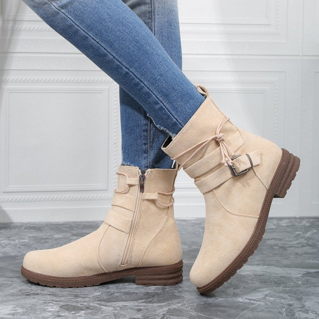 hopeusnice Women's Ankle Boots Suede Buckle Zipper Winter Booties Warm Flat Shoes Comfortable Low Heel Boots Beige 36