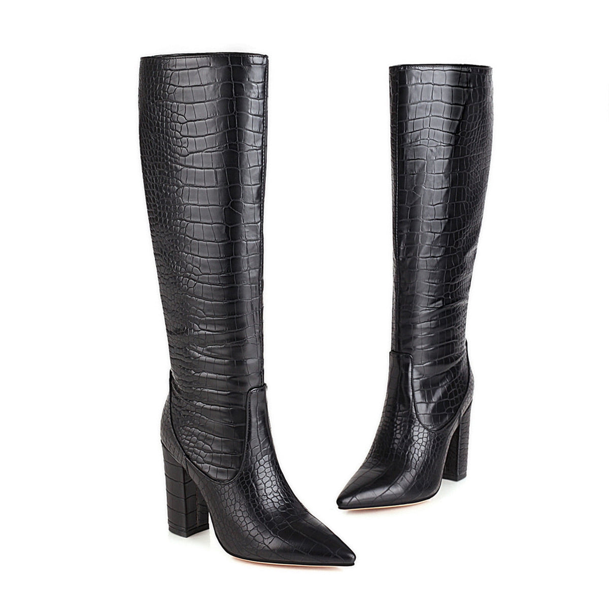 hopeusnice Women's Knee High Boots Pointed Toe Block Heel Over The Knee Boots Faux Leather Chunky Heel Dress Boots Elegant Fall Winter Shoes Yellow 45