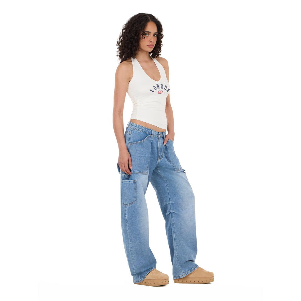 Forever 21 Women's Blue Barrel-Leg Cargo Jeans, Wide Barrel Silhouette for Everyday Casual Wear, Size 12