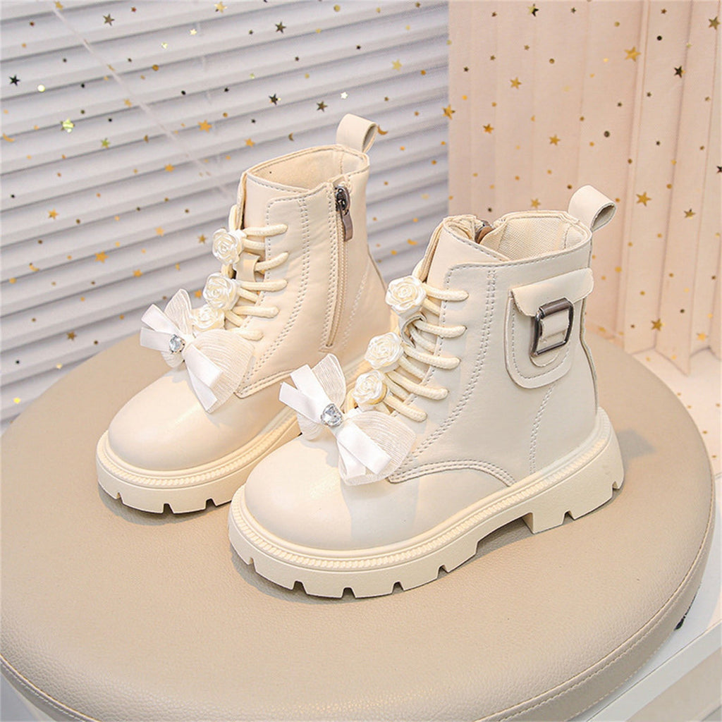 BXJX Girls Ankle Boots with Zipper, Bow Fall Winter Soft Sole Slip-Resistant Lace Up Boots Beige Size 13.5 Little Kids