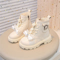 BXJX Girls Ankle Boots with Zipper, Bow Fall Winter Soft Sole Slip-Resistant Lace Up Boots Beige Size 13.5 Little Kids