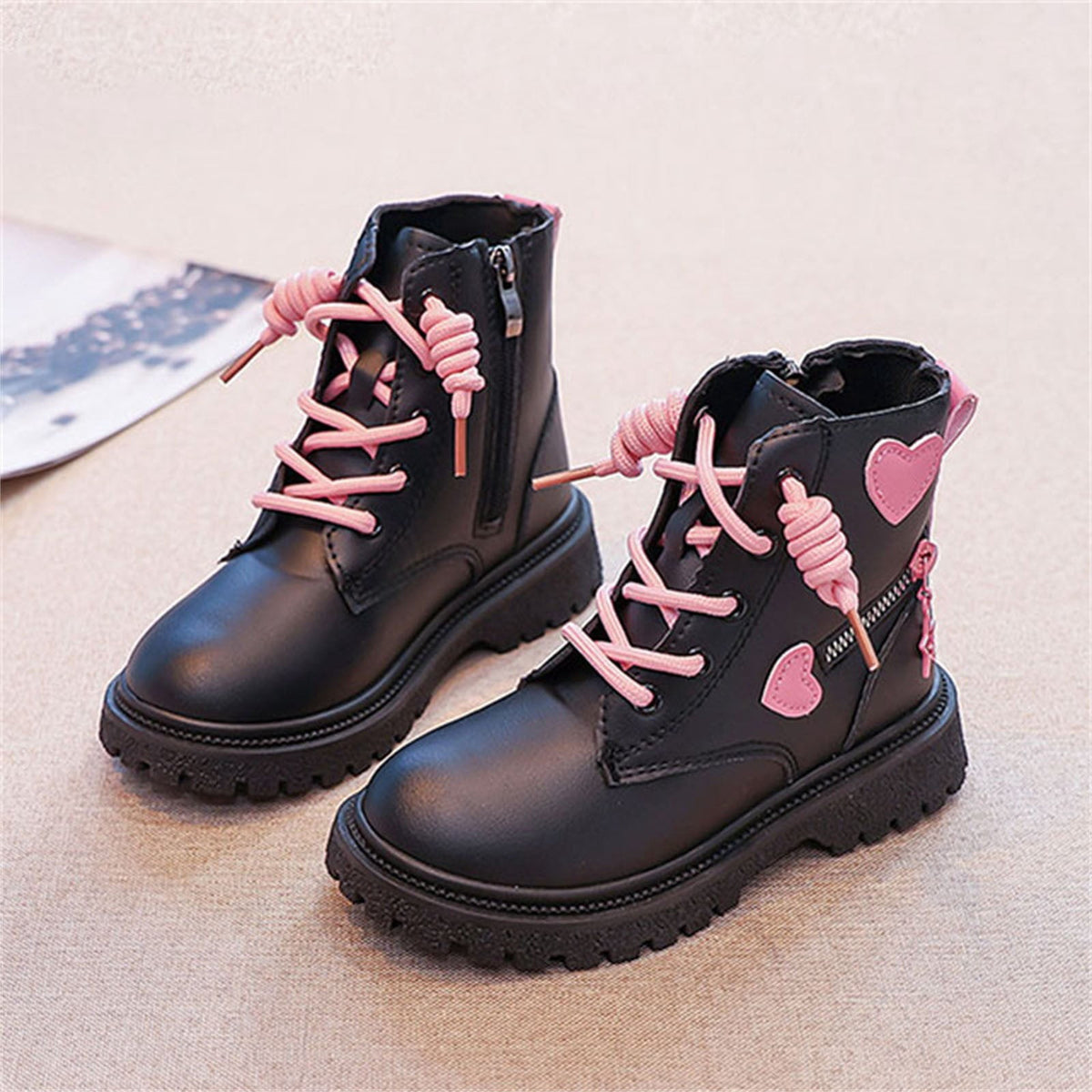 BXJX Girls Ankle Boots with Zipper, Non-Slip Soft Sole Fall Winter Cute Lace Up Boots Pink Size 12.5 Little Kids