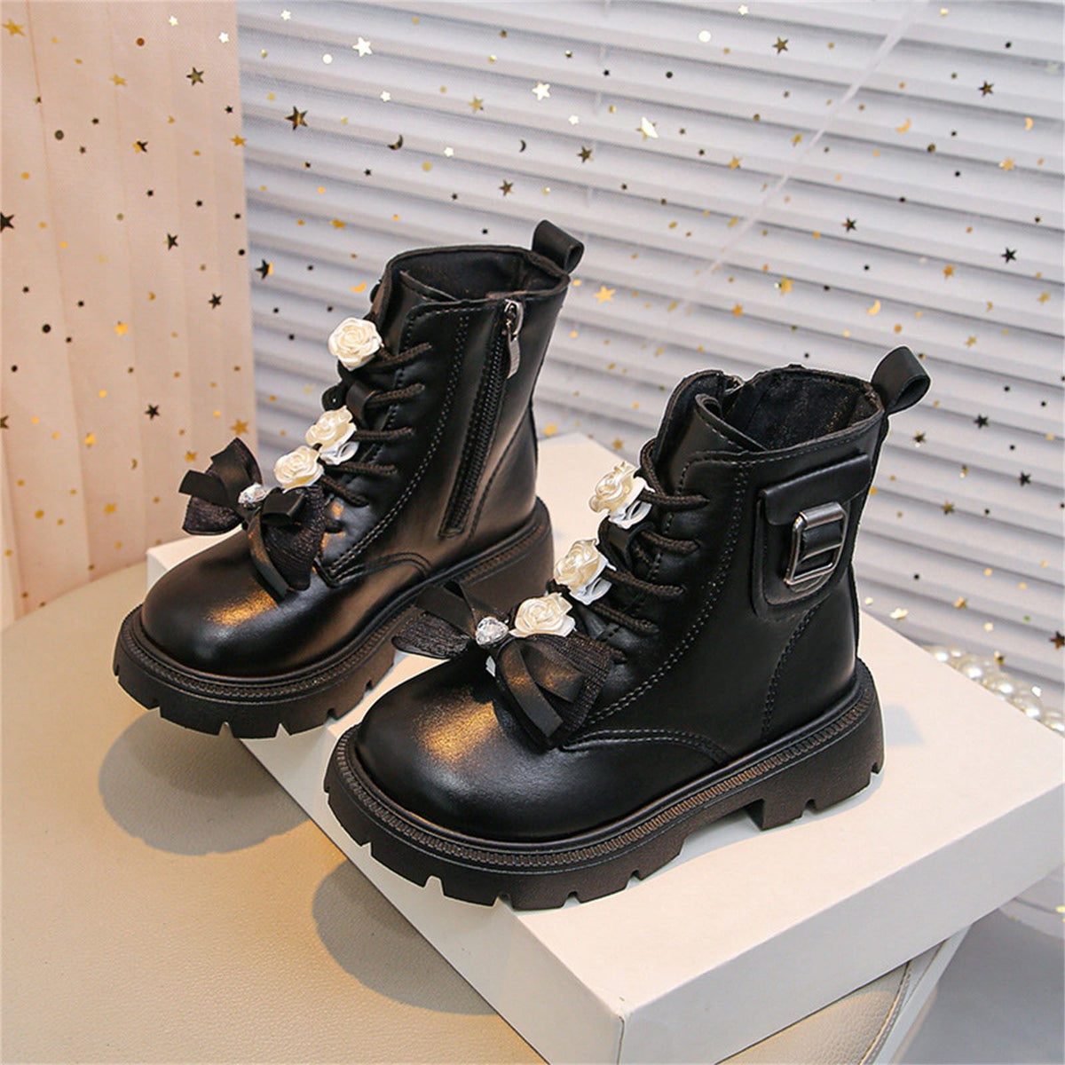 BXJX Girls Ankle Boots with Zipper, Bow Fall Winter Soft Sole Slip-Resistant Lace Up Boots Beige Size 13.5 Little Kids