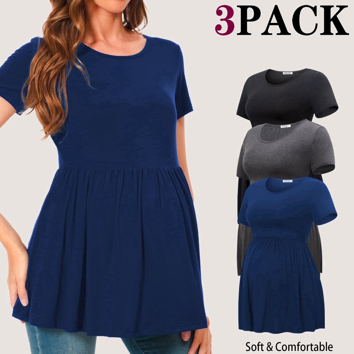 Bearsland Women's Short Sleeve Maternity Shirts Tops Pregnancy Clothes 3-Pack