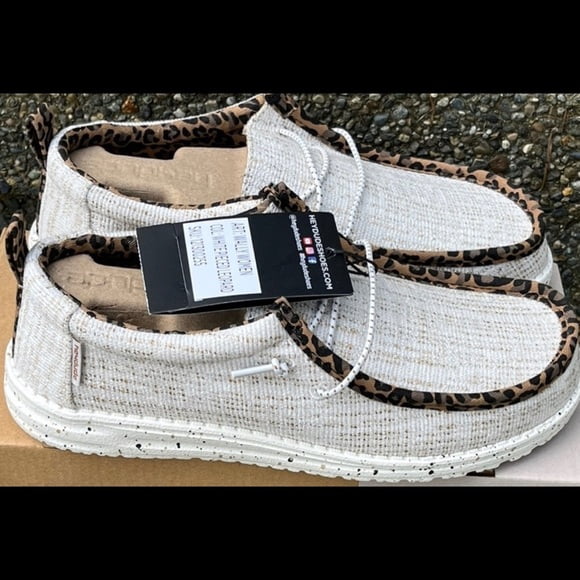 Hey Dude Wally Womans White Pieced Leopard Shoes