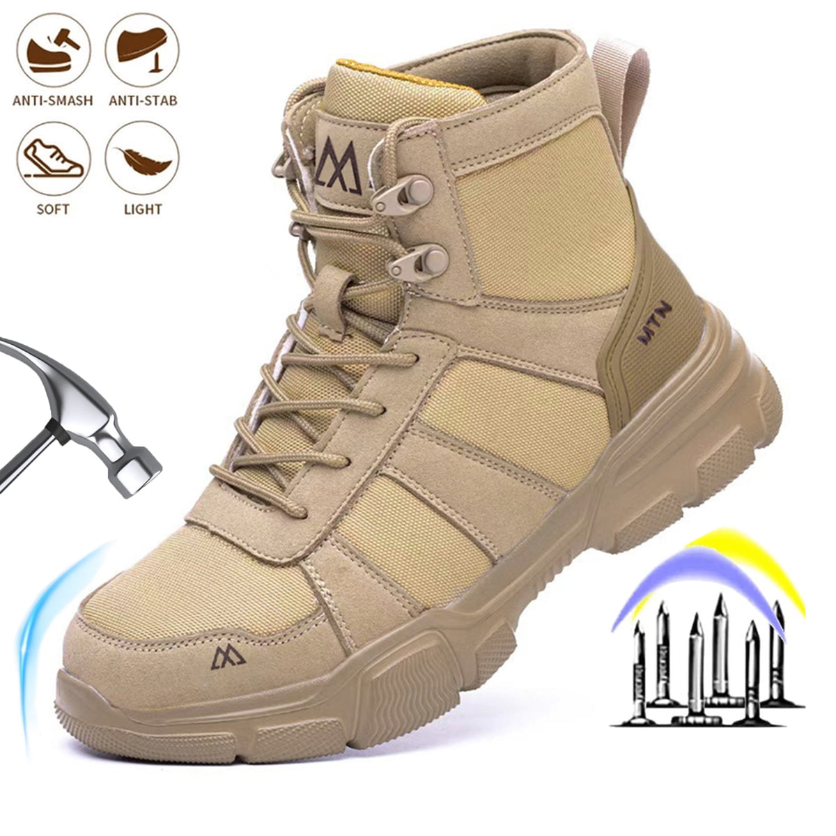 XQJ Men's Steel Toe Work Boots, Comfortable Lightweight Industrial Construction Shoes, Durable High Top Safety Boots - Black - Size 6
