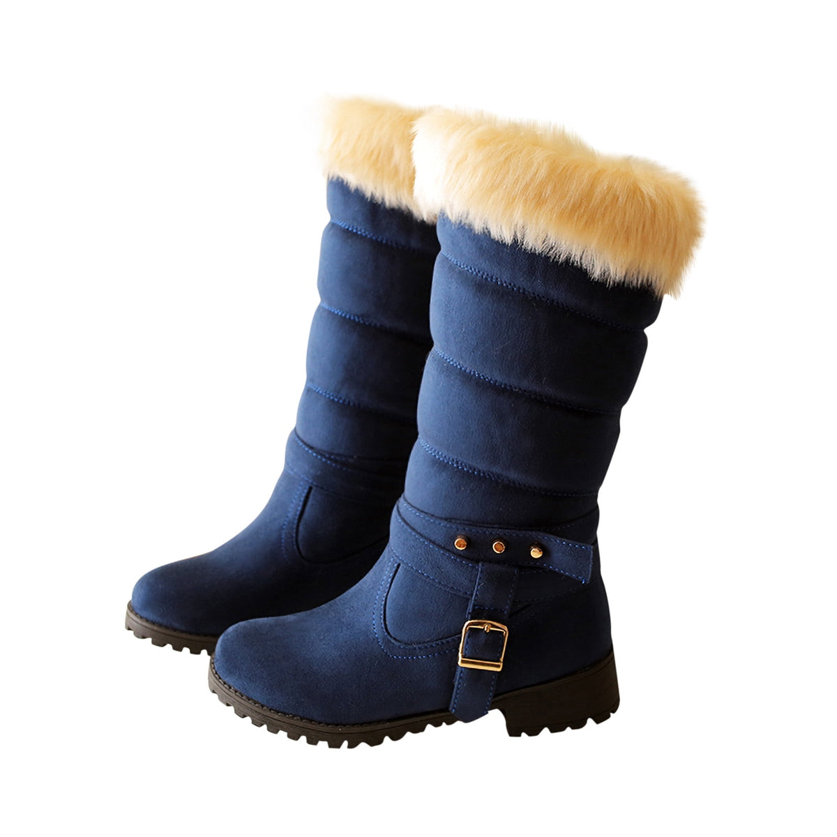 Mid Calf Boots For Women Thermal Plush Fleece Lined Suede Round Toe Chunky Mid Heels Winter Snow Boots Winter Warm Dress Long Tall Boots Blue 37