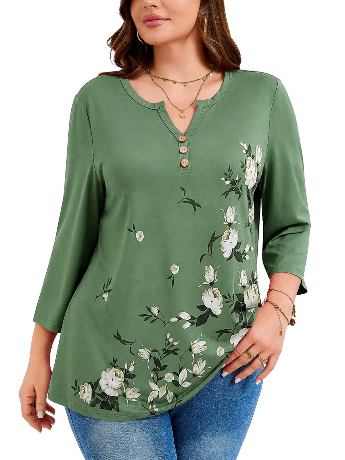 SHOWMALL Plus Size Tops for Women, 3/4 Sleeve Button V Neck Casual Tunic Blouse, Green, Size 4X