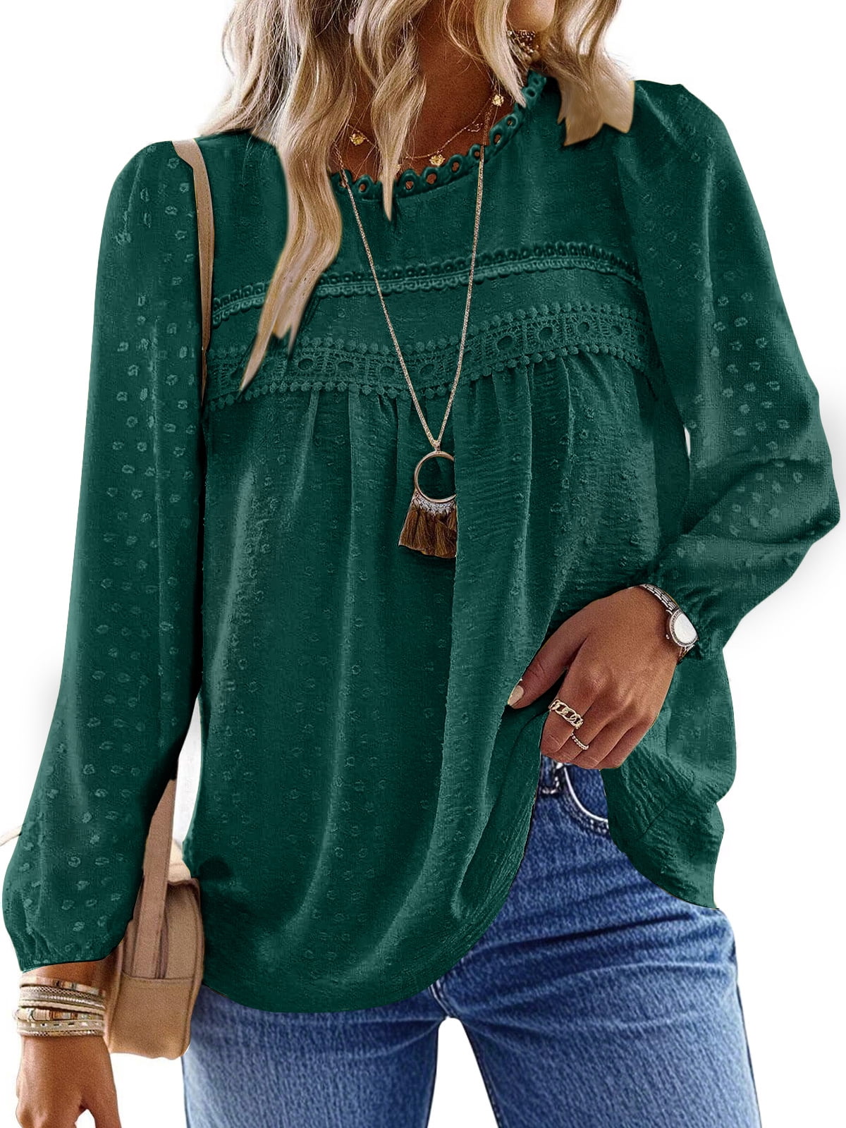 UVN Fall Shirts for Women Long Sleeve Blouses Ladies Crewneck Lace Crochet Tops Dressy Chiffon Blouses