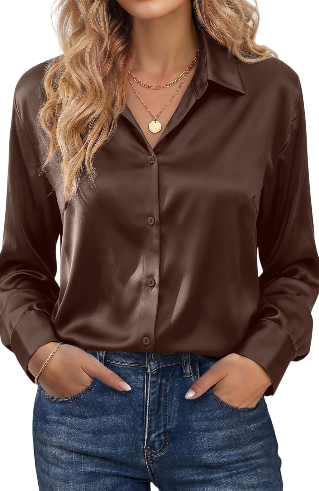 UVN Blouses for Women Long Sleeve Satin Shirts Button Down Ladies Casual Top