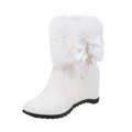 Women Winter Warm Hidden Wedge Snow Booties Leather Cute Bowknot Rhinestones Fuzzy Fleece Lined Thickening Side Zipper Ankle Boots White 39
