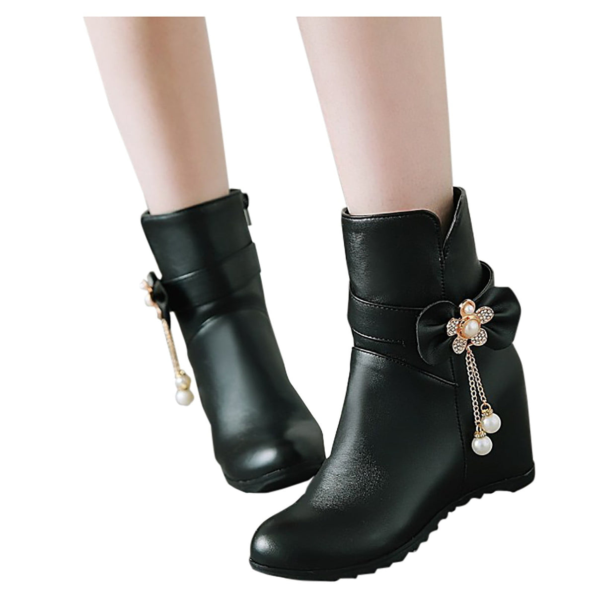 Women's Ankle Boots Wedge Heel Zipper Closure Bowknot Decor Faux Leather Booties Short Boots Comfortable Wedge Heel Shoes Pink 40