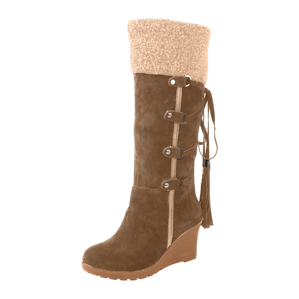 Women's Fashion Suede Wedge Boots Winter Warm Knee High Boots Buckle Tassel Side Zipper Booties Brown 35