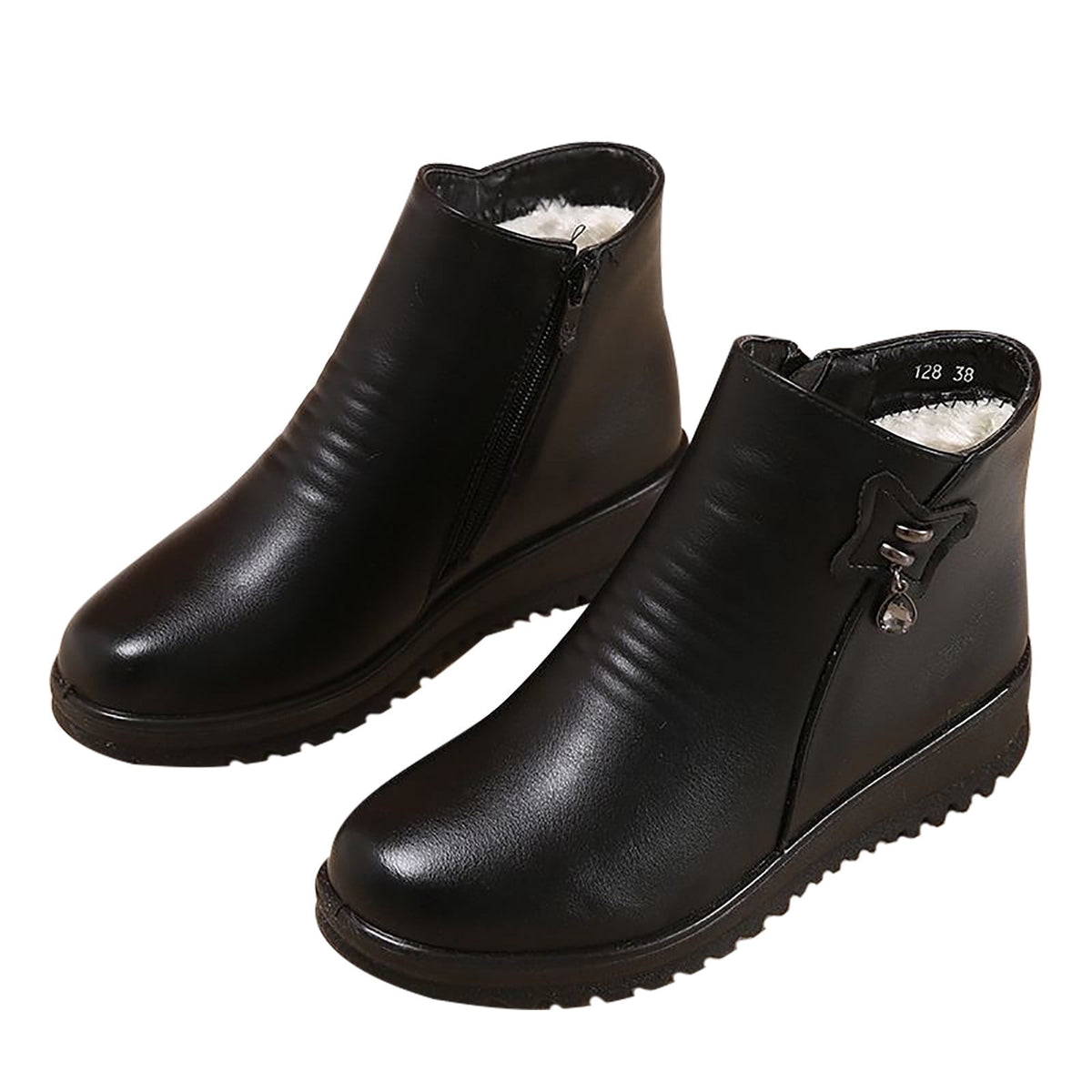 Women's Winter Boots Fuzzy Fleece Lined Ankle Booties Warm Plush Zipper Shoes Wedge Heel Comfortable Non-Slip Snow Boots Black 35