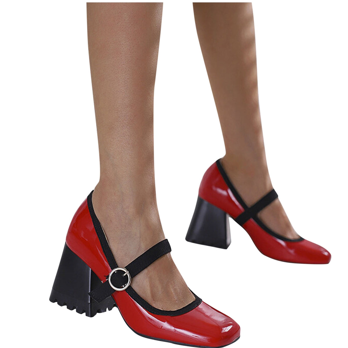hopeusnice Women's Mary Jane Buckle Block Heel Pumps Square Toe Chunky Heel Dress Shoes Comfortable Formal Wedding Party Shoes Green 38