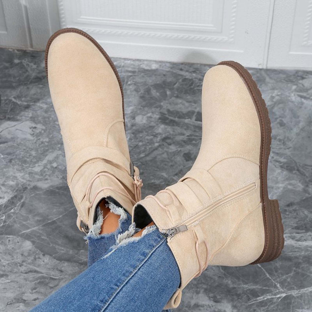 hopeusnice Women's Ankle Boots Suede Buckle Zipper Winter Booties Warm Flat Shoes Comfortable Low Heel Boots Beige 36