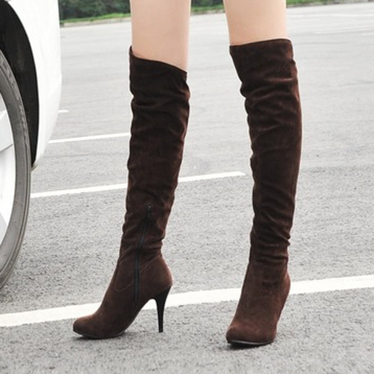 hopeusnice Women's Over The Knee Boots High Heel Faux Leather Pointed Toe Stilettos Chunky Heel Thigh High Boots Winter Booties Matte black 39