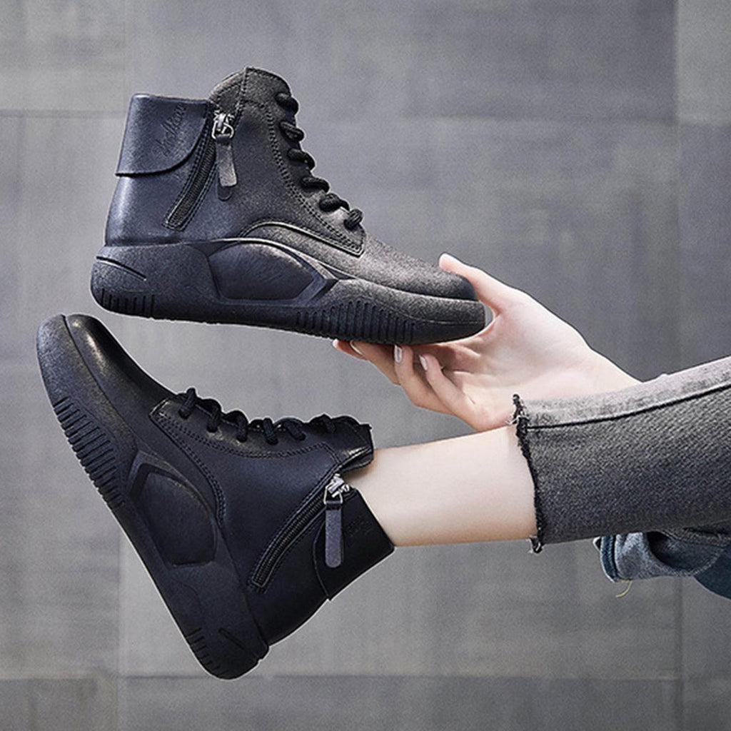 hopeusnice Women's Faux Leather Boots High Top Lace Up Zipper Ankle Boots Sneakers Comfortable Breathable Shoes Black 36