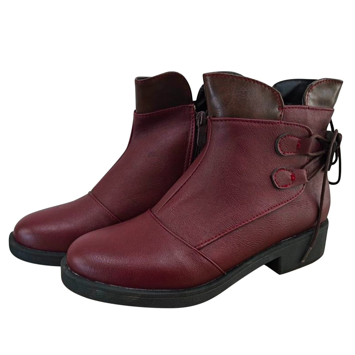hopeusnice Women's Ankle Boots Chain Decor Pointed Toe Chunky Heel Cowboy Boots Western Style Mid Calf Boots Red 36