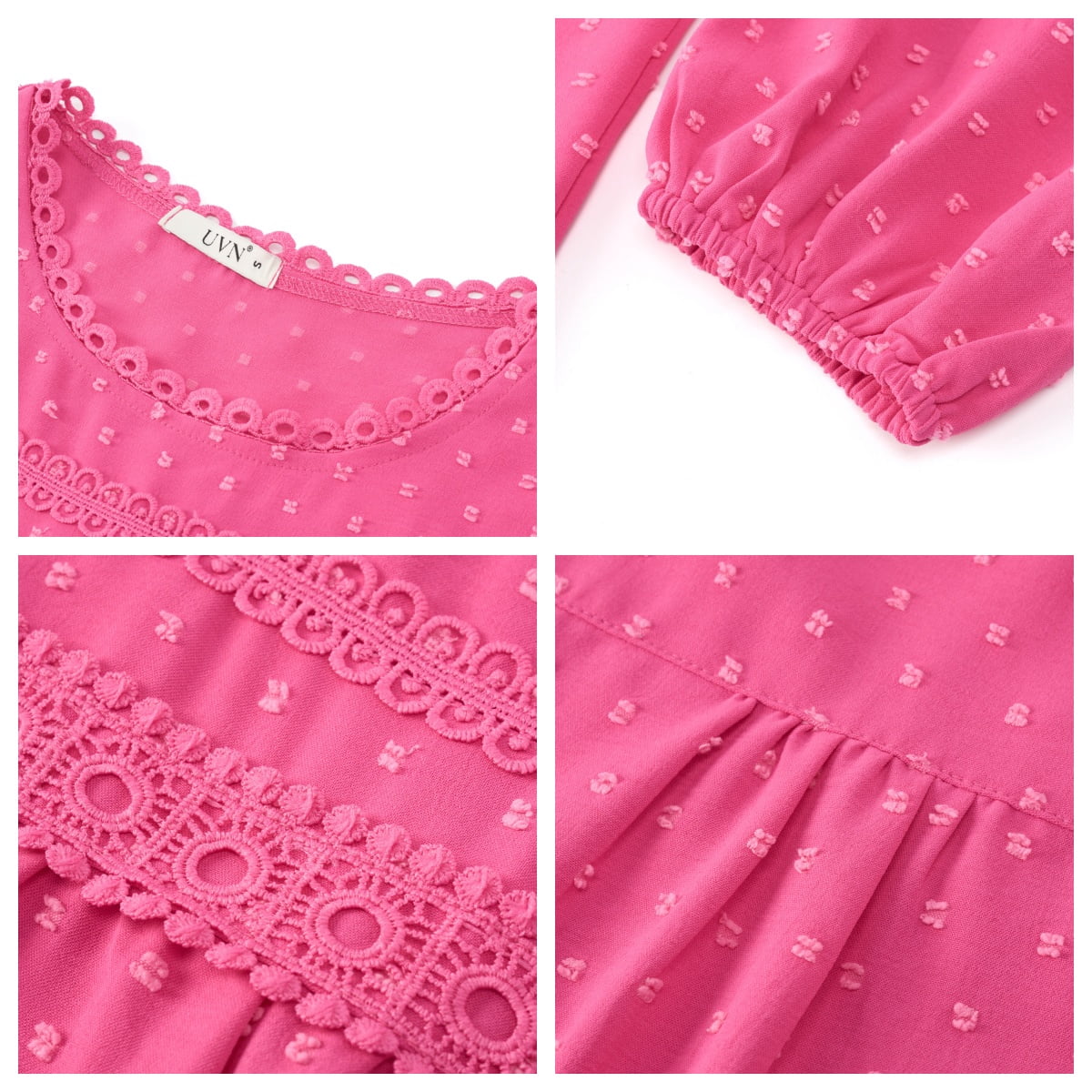 UVN Fall Shirts for Women Long Sleeve Blouses Ladies Crewneck Lace Crochet Tops Dressy Chiffon Blouses
