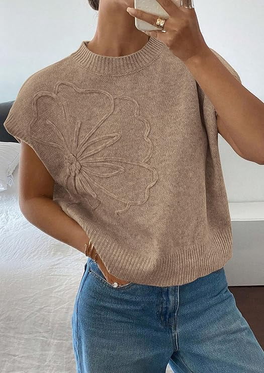 PRETTYGARDEN Women's Spring Sweater Vest Trendy Flower Knit Short Sleeve Cute Pullover Tank Tops Summer Fashion Clothing