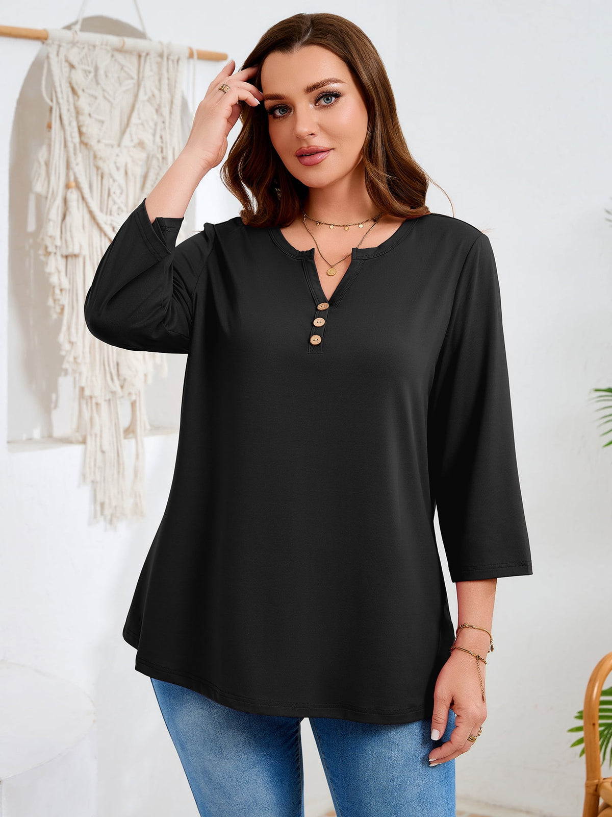 SHOWMALL Plus Size Tops for Women, 3/4 Sleeve Button V Neck Casual Tunic Blouse, Green, Size 4X