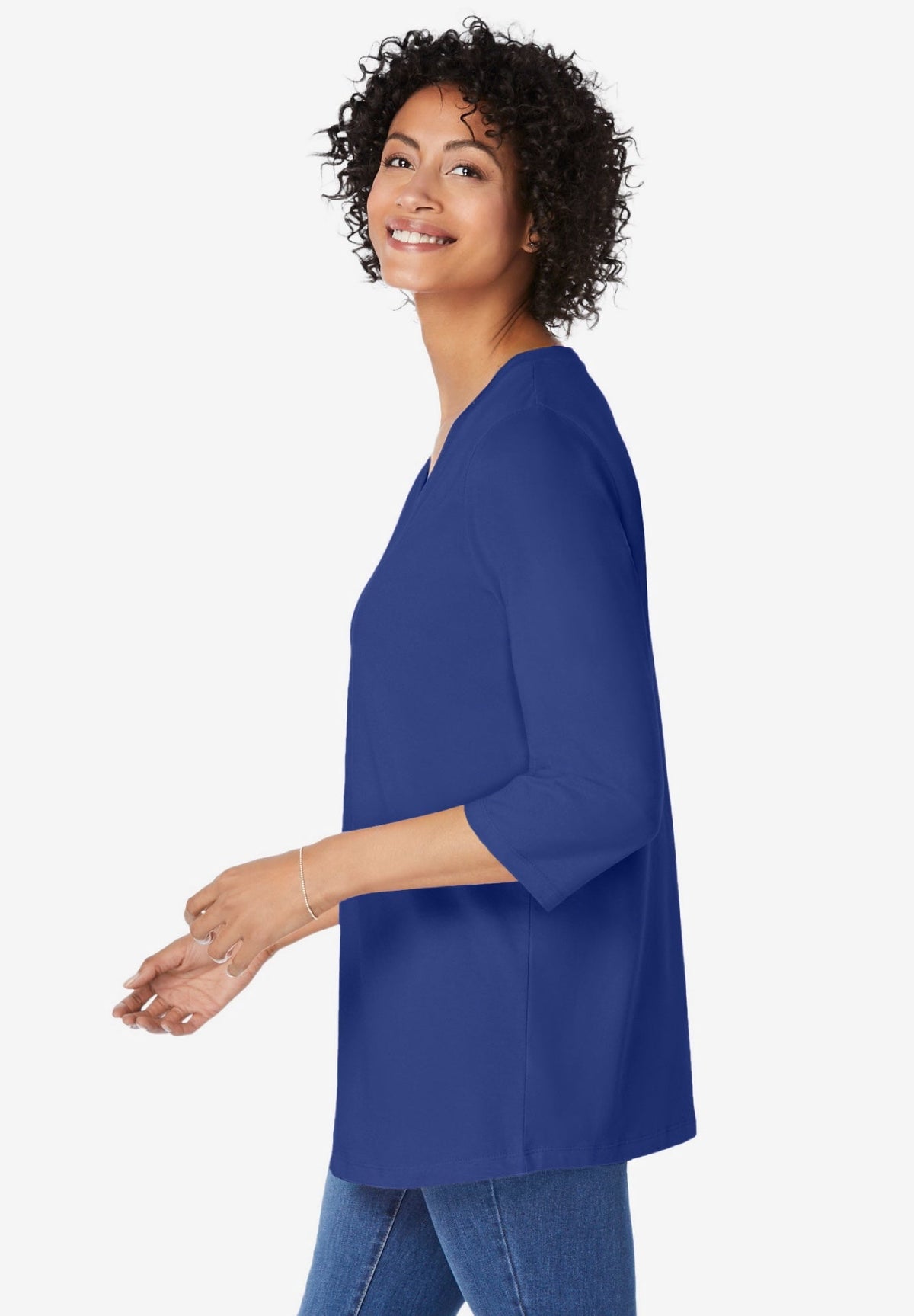 Woman Within Plus Size Perfect Three-Quarter Sleeve V-Neck Tunic
