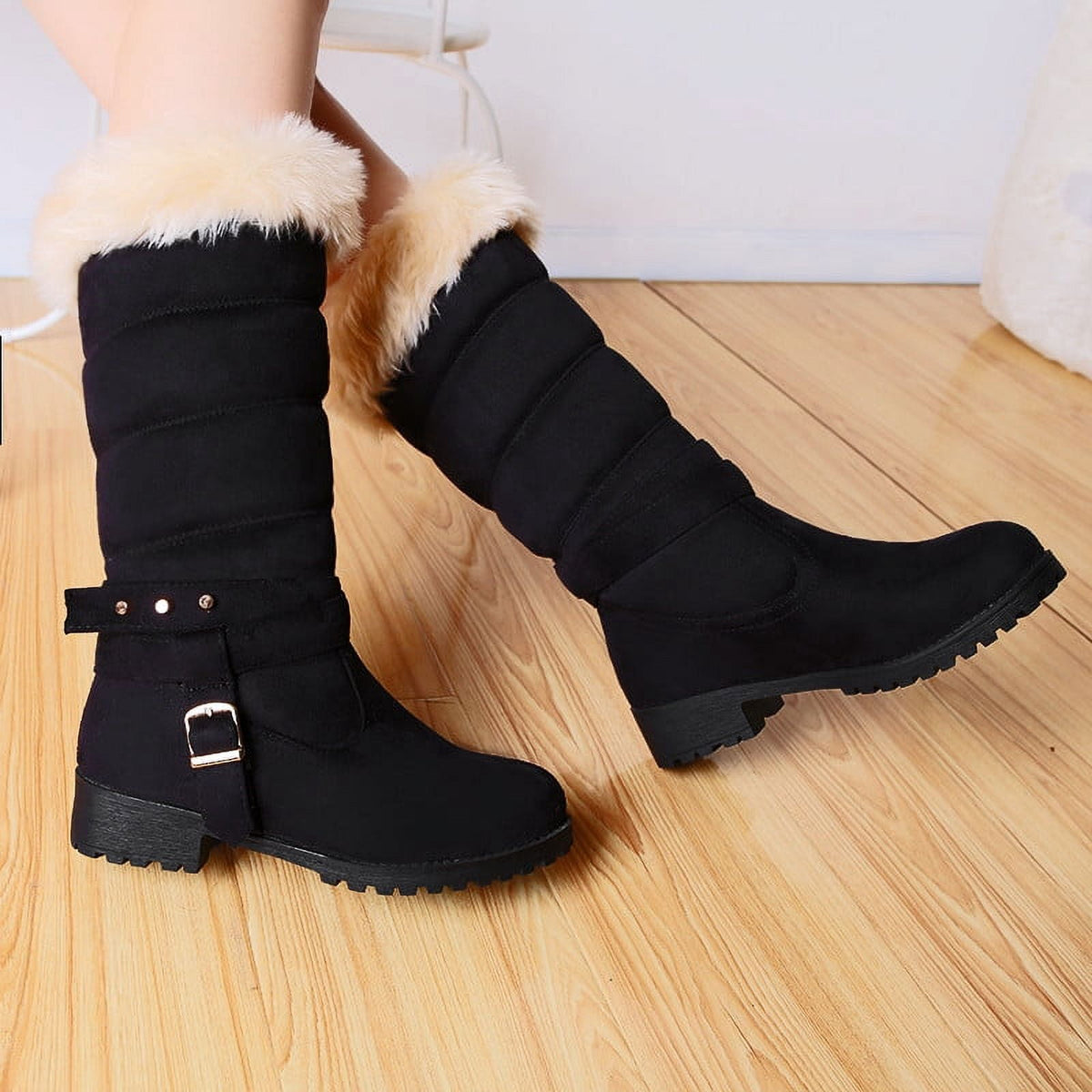 Mid Calf Boots For Women Thermal Plush Fleece Lined Suede Round Toe Chunky Mid Heels Winter Snow Boots Winter Warm Dress Long Tall Boots Blue 37