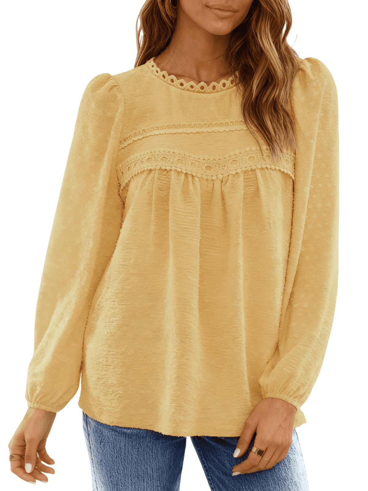 UVN Fall Shirts for Women Long Sleeve Blouses Ladies Crewneck Lace Crochet Tops Dressy Chiffon Blouses