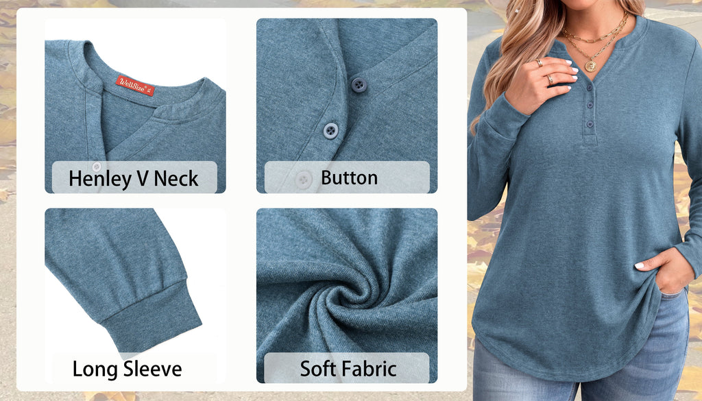 WellSize Plus Size Blouses for Women Henley V Neck Tops Casual Long Sleeve Button Shirts Fall Pullover Outfit